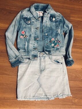 Justice Embroidered Light Wash Stretch Denim Jacket + Cat & Jack Denim Skirt Set